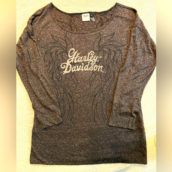 Women’s 3/4 sleeve Harley Davidson top; medium; black design; brown with tan - Picture 1 of 5